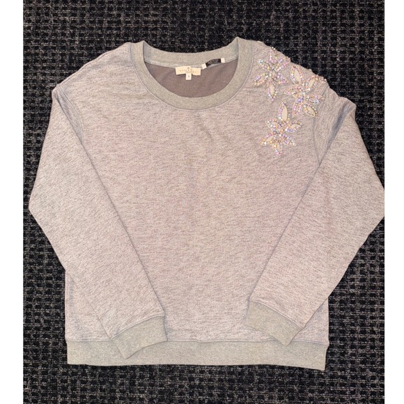 Essentiel Antwerp Tops - ESSENTIEL ANTWERP Rhinestone Beads Flower Sweatshirt‎ Grey Crewneck Sz 3 L